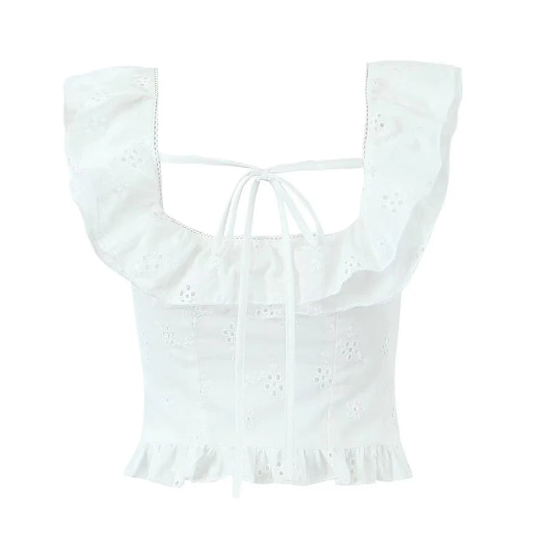 Women Hollow Out Embroidery White Tank Top Lace Trim Flying Sleeve Female Summer Crop Top Holiday