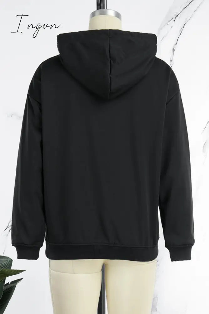 Ingvn - Black Vintage Character Draw String Hooded Collar Tops