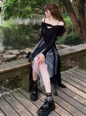Ingvn - Sexy Strap Midi Dress Woman Casual 2023 Summer Sleeveless Black Vintage Dress Elegant Party One Piece Dress Korean Fashion Slim