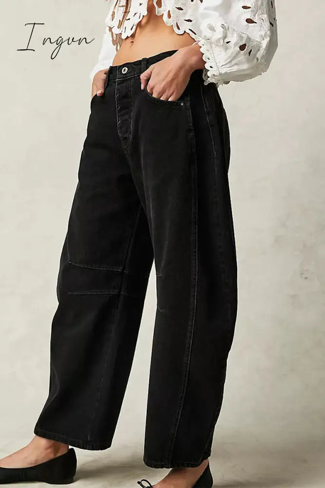 Ingvn- Casual Vintage Solid Pocket Without Belt Mid Waist Loose Denim Jeans(No Belt)