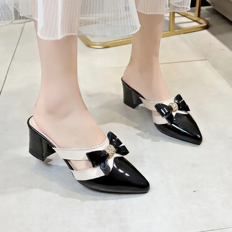 Ingvn  Women's Slippers and Ladies Sandals Jewels Summer  Crystals Slides Pointed Toe Shoes Black Heeled Mules Rhenstone with Bow Y
