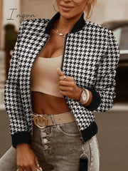 Ingvn - Autumn Winter Women Plaid Zipper Jacket Fashion Printed Zipper Jacket Coat Women