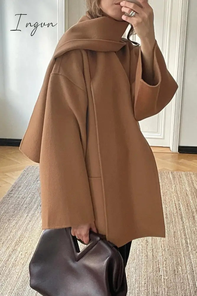 Ingvn - British Style Elegant Solid Pocket Buttons Scarf Collar Outerwear