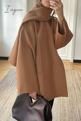 Ingvn - British Style Elegant Solid Pocket Buttons Scarf Collar Outerwear