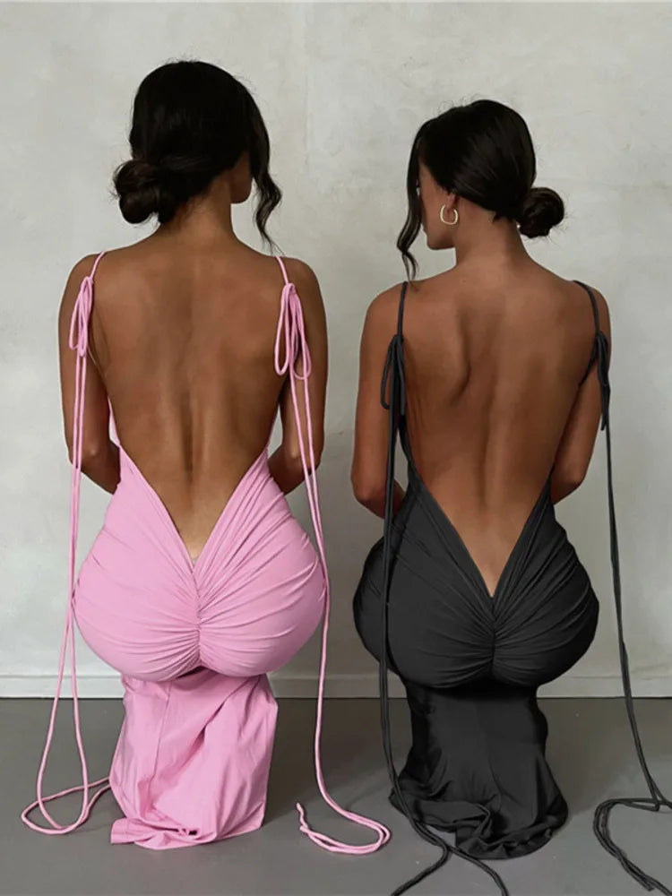 Spaghetti Strap Backless Ruched Maxi Dress For Women Robe Sleeveless Wrap Hip Bodycon Party Long Dress Vestidos