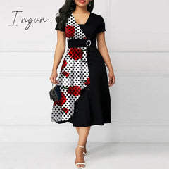 Ingvn - 2023 New Trends Retro Women High Waist Irregular Midi Dresses Summer Fashion V-neck Short Sleeve A-line Party Dress Elegant Office Lady Vestidos