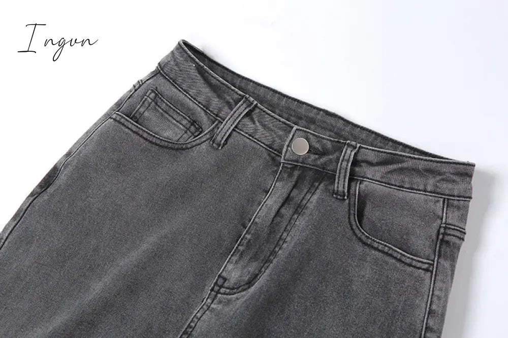 Ingvn - Grey Split Denim Stacked Pants Zip Up Baddie Style Streetwear Pencil Jeans For Women High Waist Bodycon Ruched Trousers