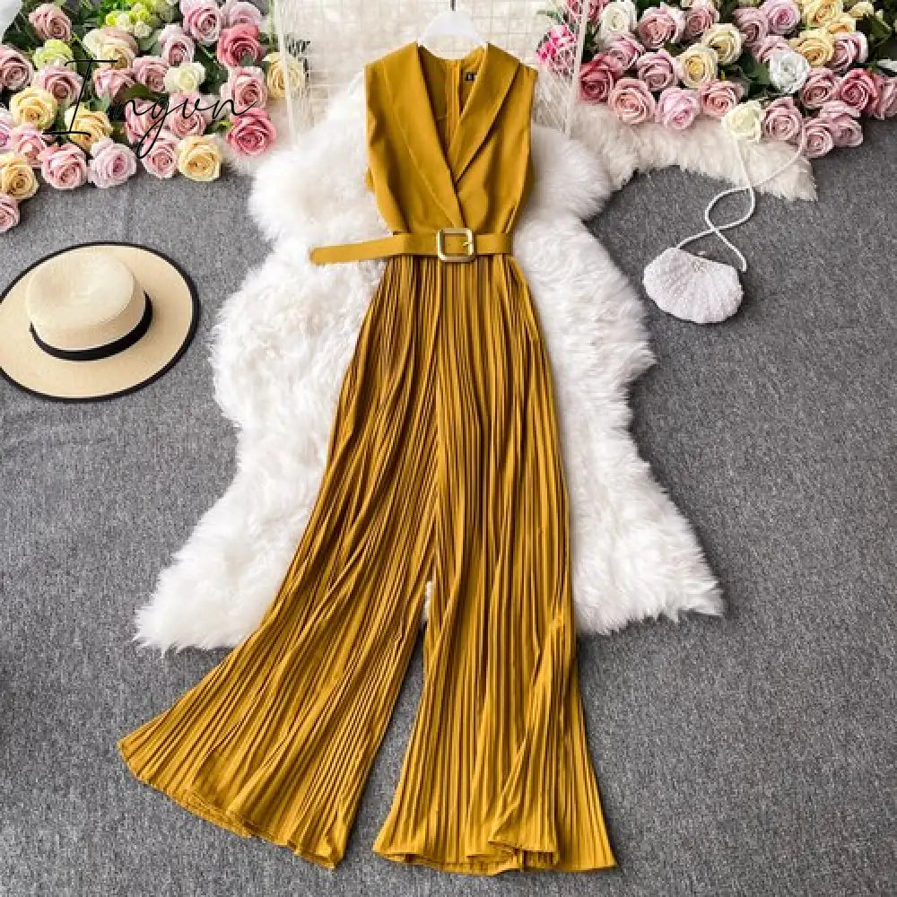 Ingvn - Vintage Notched Collar Draped Rompers For Women Casual Sleeveless High Waist Wide Leg Playsuits Female Beige/Green Jumpsuit