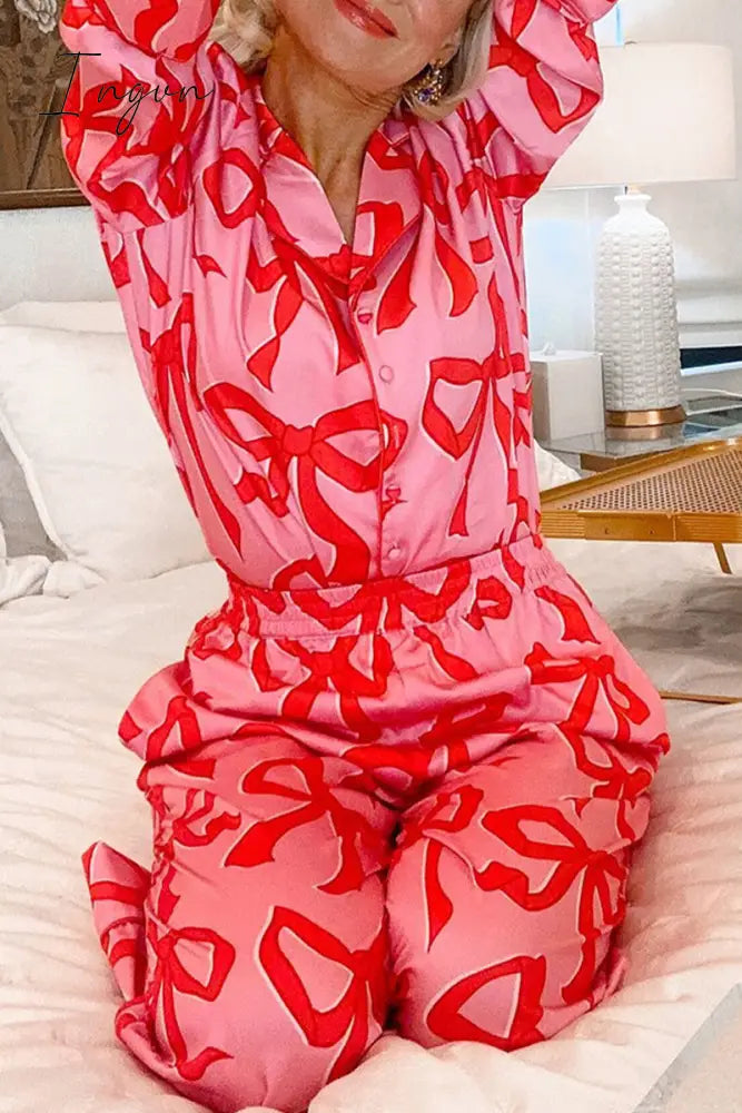 Ingvn - Casual Living Geometric Print Pocket Turndown Collar Long Sleeve Two Pieces