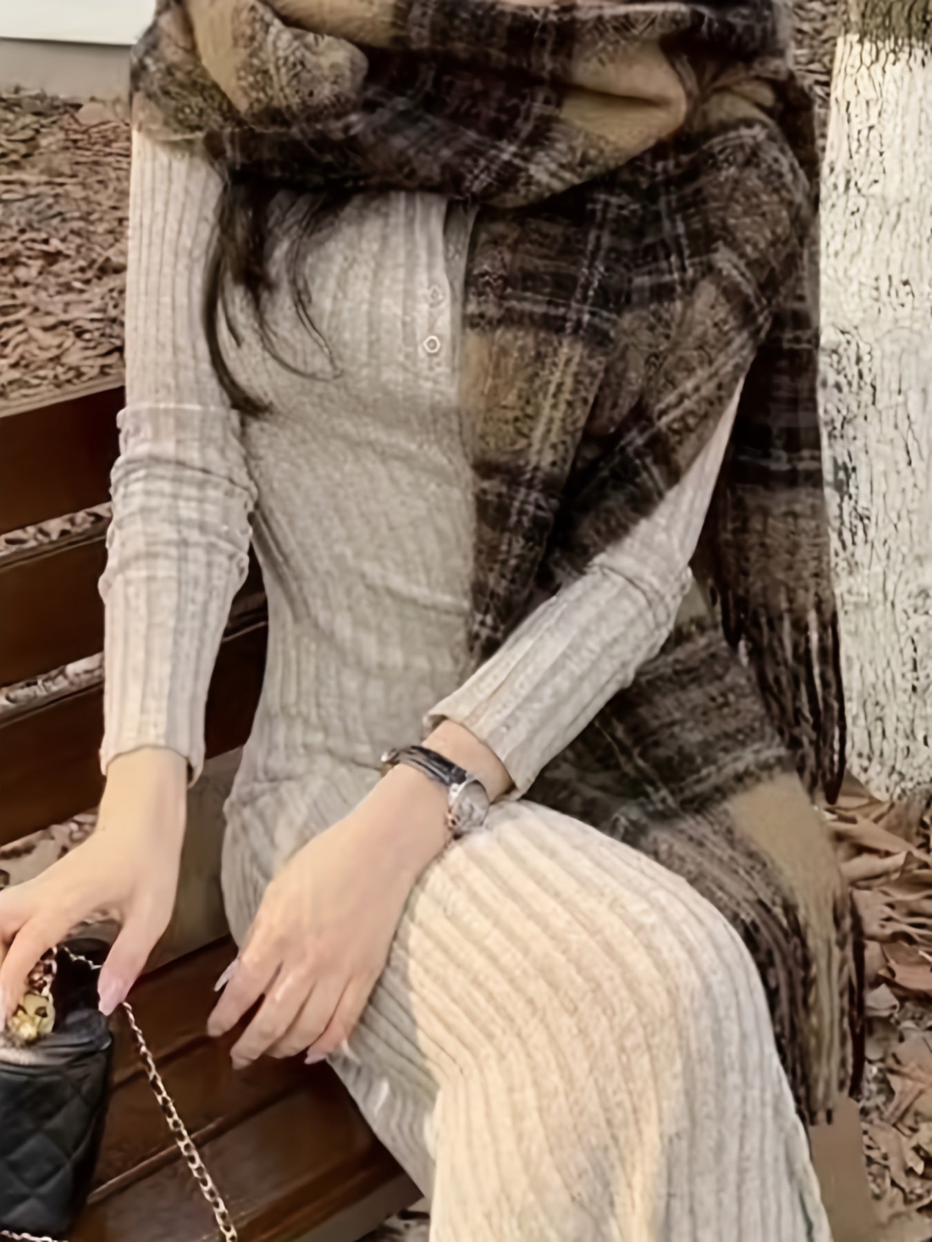 [Long Sleeve Fall Dress] Ribbed V Neck Dress, Casual Long Sleeve Dress For Fall & Winter, Women's Clothing