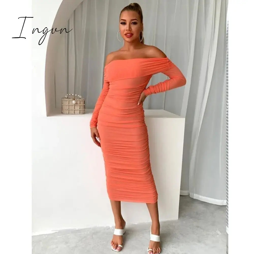 Ingvn - Trends high quality Off Shoulder Ruched Double Layer Mesh Dress Women Long Sleeve Sexy Dresses Ladies Autumn Party Long Christmas Dress