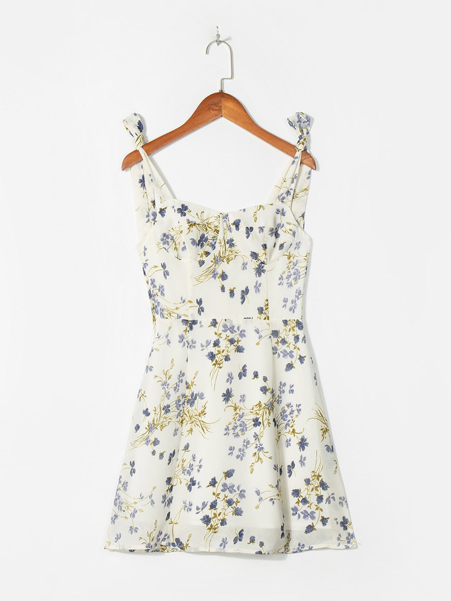 Summer Dress Women Floral Print Mini Dress Sweetheart Neck Sleeveless Spaghetti Strap Tie Beach Dress Vacation Sundress