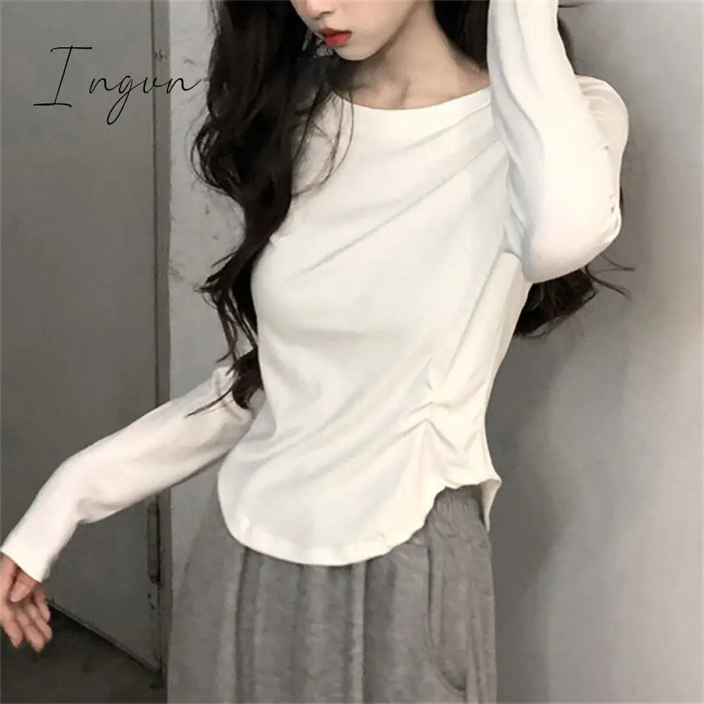 Ingvn - White T Shirt for Women 2023 New Long Sleeve Turn Down Collar Slim Tee Shirts Korean Fashion Office Ladies Casual Top