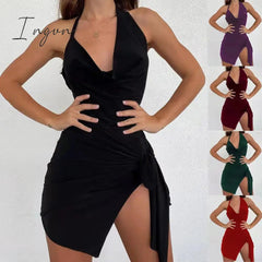 Ingvn - 2023 Summer New Women's Wear Halter Neck Hollow Strappy Slit Sexy Fashion Dress Sexy Backless Irregular Strappy Evening Dress