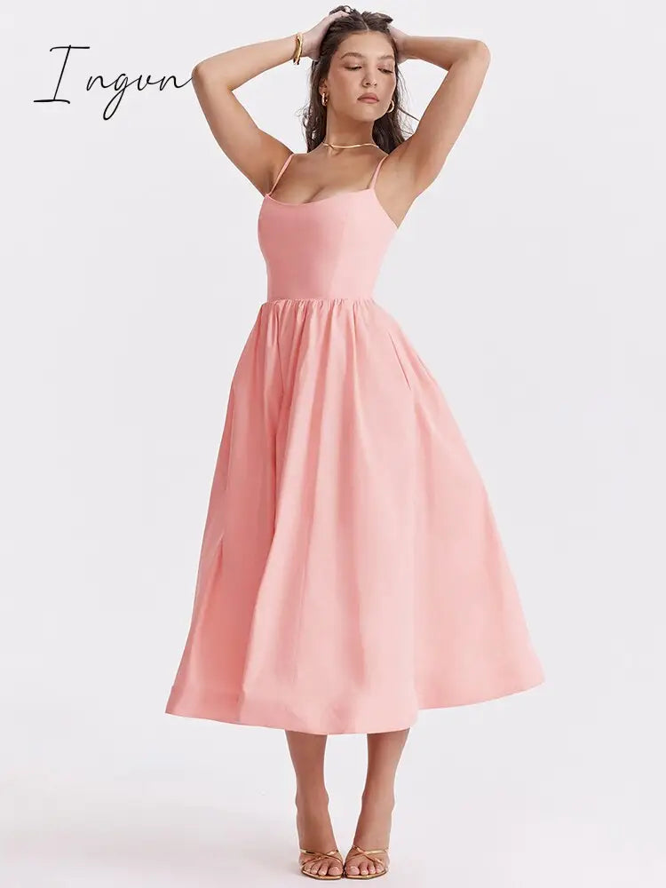 Ingvn - Elegant A-line Loose Midi Dress Women Gown Spaghetti Strap Sleeveless Backless French Retro Sexy Long Dress Vestidos