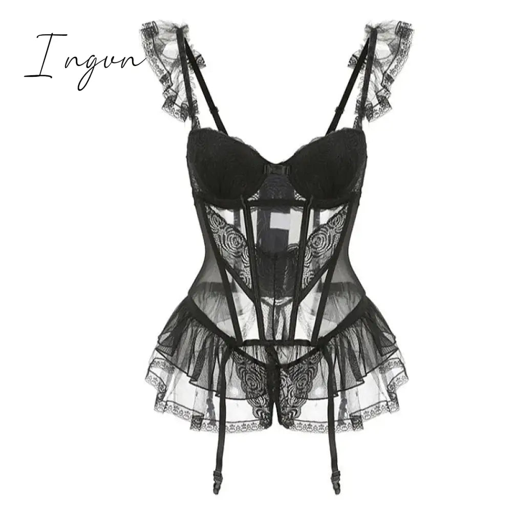 Ingvn - New Years Eve Dresses For Women Fairy Lace Mesh Sexy Black Mini Tank Summer Beach Dress Elegant Ruffles Tops Autumn Sweet Korean Women
