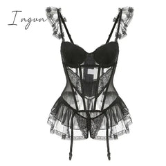 Ingvn - New Years Eve Dresses For Women Fairy Lace Mesh Sexy Black Mini Tank Summer Beach Dress Elegant Ruffles Tops Autumn Sweet Korean Women