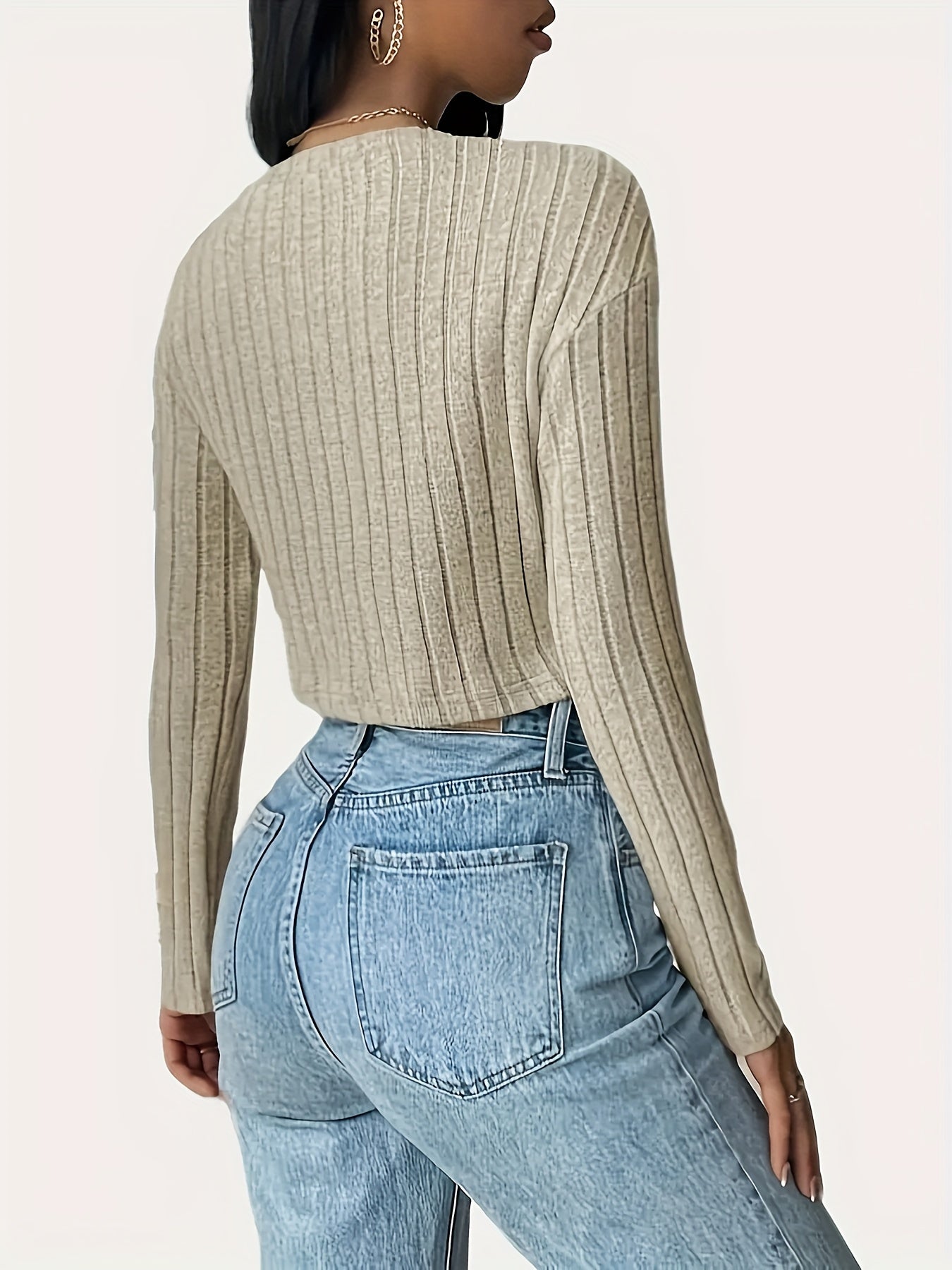 Classic Elegant Long Sleeve T-Shirt - Timeless Solid Crew Neck Design, Ribbed Cuffs, Versatile Wear for Spring and Fall - Womens Everyday Clothing