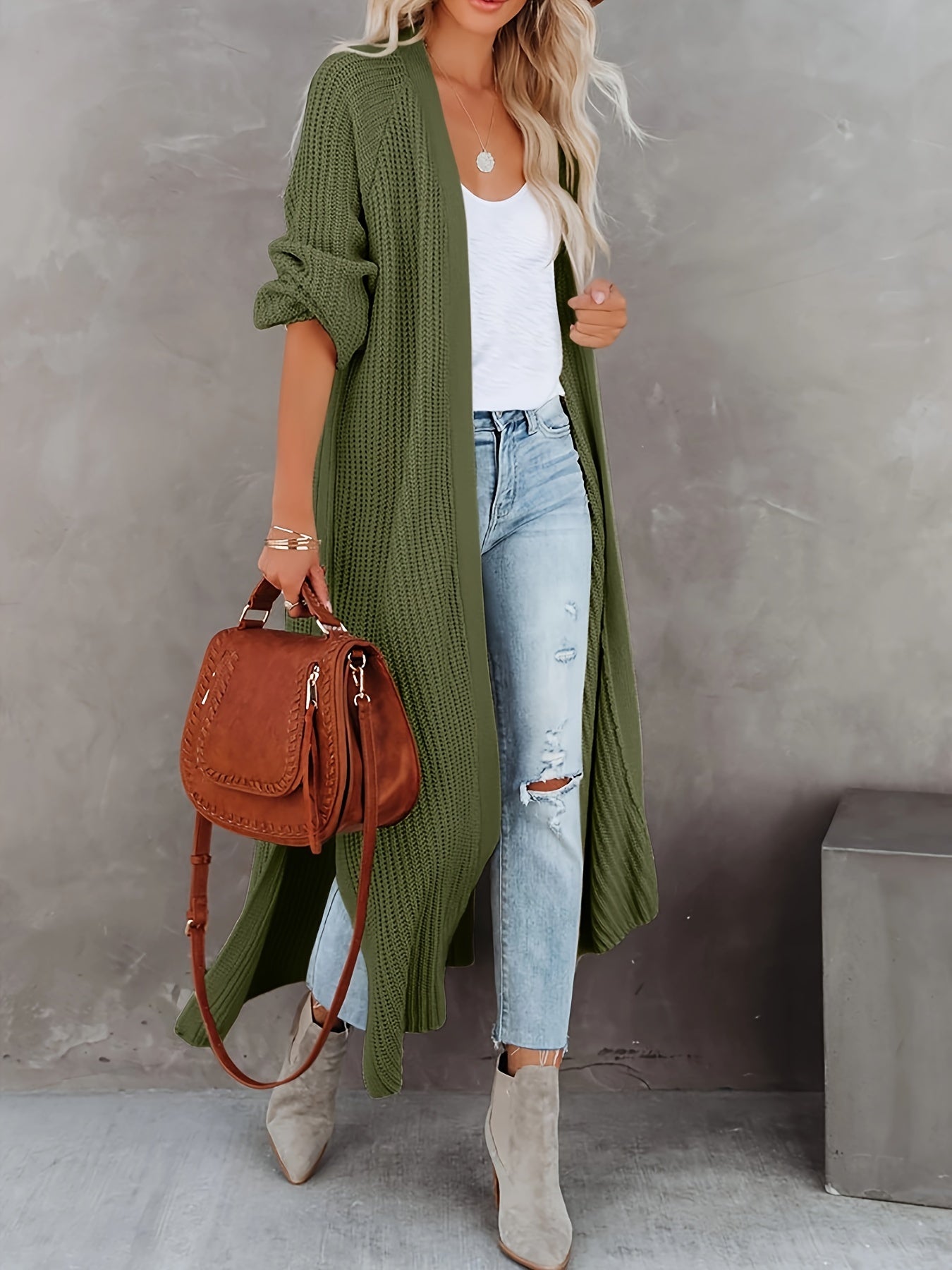 Stylish & Cozy Open Front Cardigan - Long Sleeve, Stretch Knit, Solid Color, Perfect for Autumn/Winter