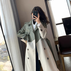 Women's Coat Spring Autumn Windbreaker Jacket Female Green Trench Quality Clothing Leather Stitching Windproof Long Ladies Cloak