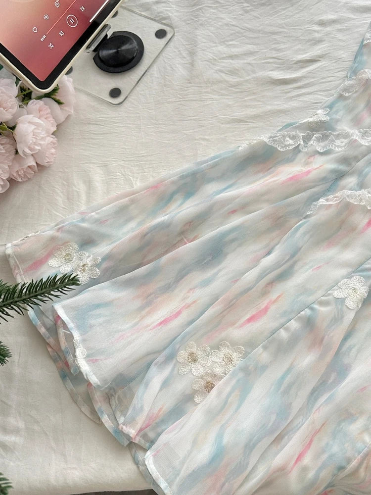 Summer French Elegant Original Design Mini Dress Women Print Lace 3D Floral Halter Party Dress Casual Chic Pretty Clothing