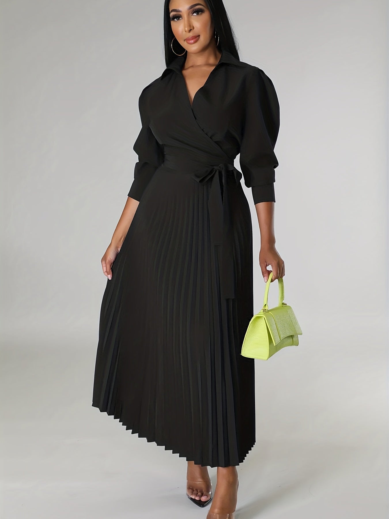 Solid Pleated Dress, Elegant Knotted V Neck 3/4 Sleeve Dress, Women's Clothing