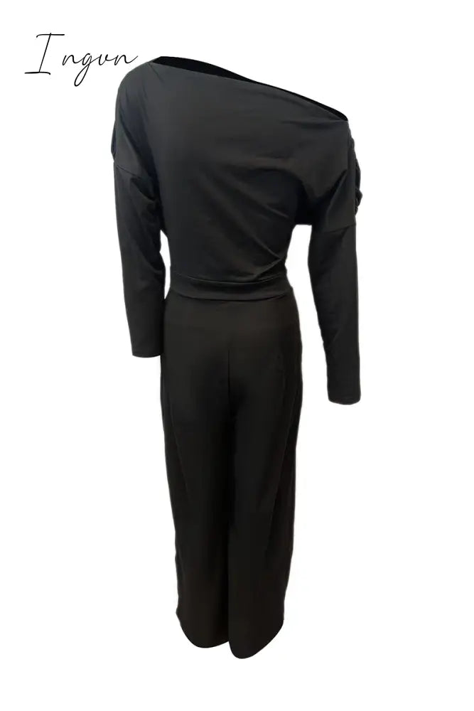 Ingvn - British Style Solid Backless Asymmetrical Oblique Collar Regular Jumpsuits(3 Colors)