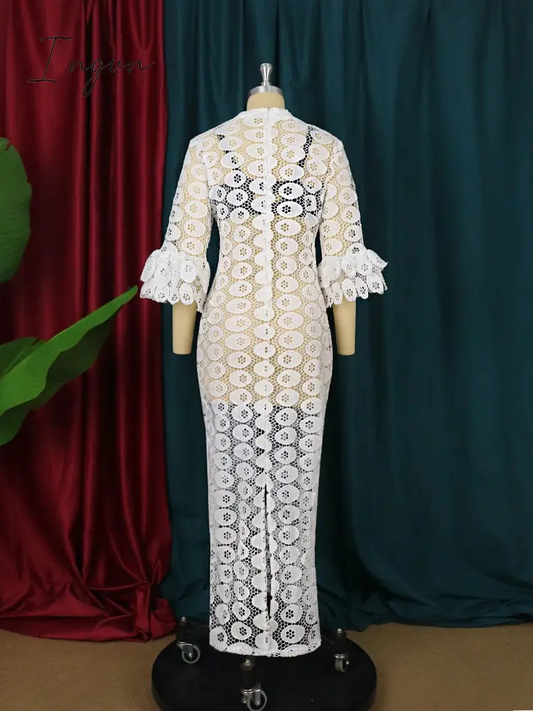 Ingvn - New Fashion African Women Dresses Dashiki Elegant Maxi Long White Lace Hollow Out Muslim Fashion Abayas Robe Abaya Dubai Luxe Party Clothes