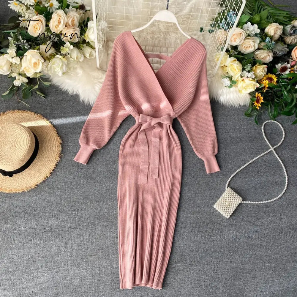 Ingvn - Women Shiny Knitted Dress Sexy V Neck Puff Sleeve Elastic Sheath Knitting Dress Autumn Solid Bow Sashes Pencil Dress