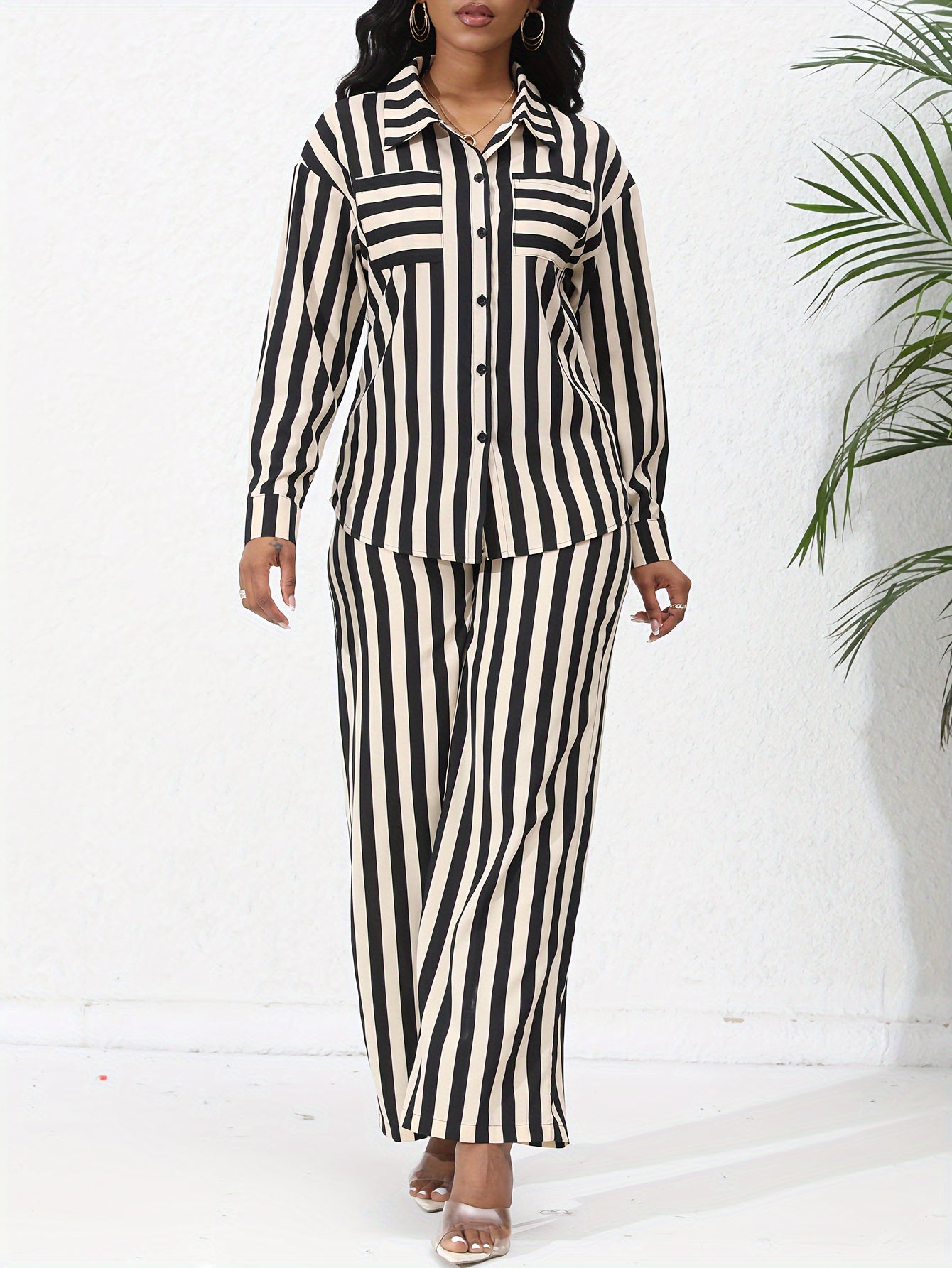 Chic Striped Print Two-Piece Outfit Set - Comfortable Button-Down Shirt & Flowy Wide Leg Pants - Casual Everyday Wear for Women