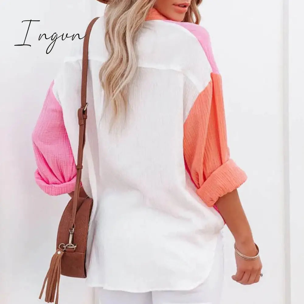 Ingvn - New Spring Summer Fashion Women New Patchwork Shirt Elegant Commute Contrast Lapel Buttons Cardigan Streetwear Ladies Casual Blouses