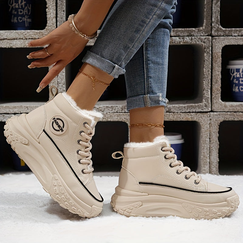 Cozy & Stylish Women's High-Top Sneakers - Plush Lined, Thick Sole, Warm Winter Booties with Lace-Up Closure