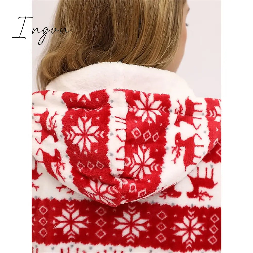 Ingvn - Women's Pajamas Jumpsuit Elk Snowflake Warm Fashion Casual Home Christmas Daily Polyester Breathable Hoodie Long Sleeve Pocket Fall Winter Black White