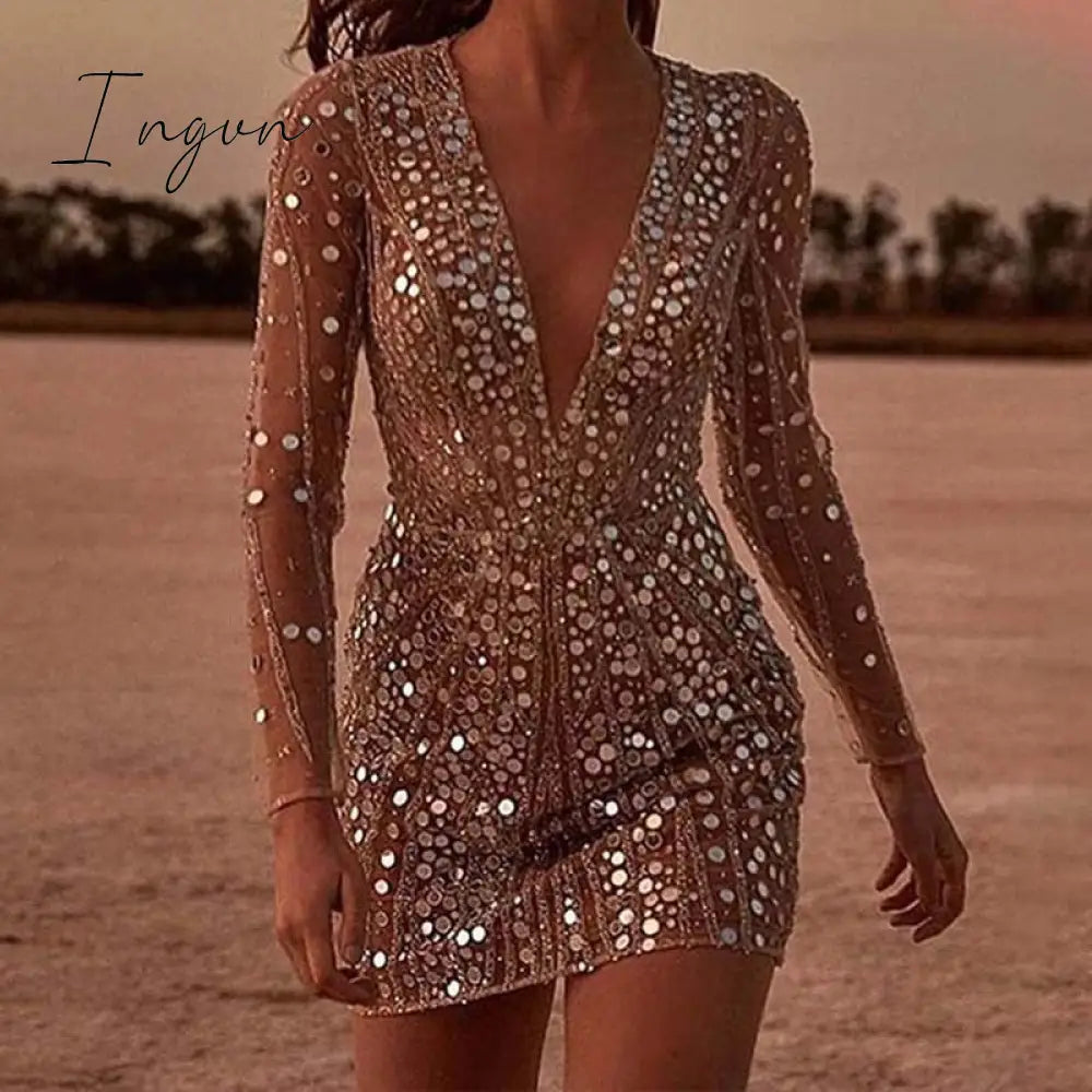 Ingvn - Dress Woman Mini Dress Evening Party Long Sleeve Deep V Neck Dress Skinny Sexy Dress Clubwear Max Size Dresses