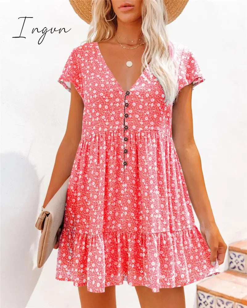 Ingvn - Spring summer v-neck floral short-sleeved dress