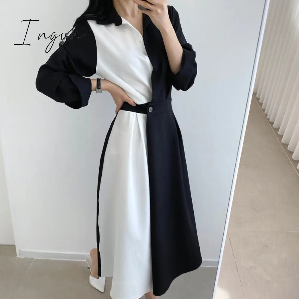 Ingvn - Spring Autumn Retro Temperament Contrast Color Lapel Long-Sleeved Shirt Female Midi Dress Korean Elegant Fashion Slim Chic Dress