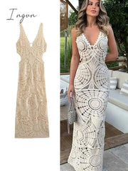 Ingvn - Solid Knitted Hollow Out Crochet Long Dresses Elegant V-neck Sleeveless Backless Vestidos Women Party Beach Vacation Clothes