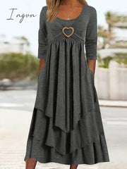 Ingvn - Women's Casual Dress Swing Dress Midi Dress Green Light Grey Dark Gray Long Sleeve Pure Color Ruched Winter Fall Spring U Neck Fashion Vacation 2023 S M L XL XXL 3XL