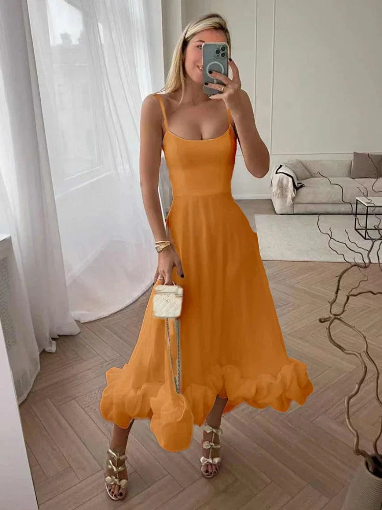 Ingvn  Elegant Party Evening Maxi Dresses for Women Spaghetti Strap Backless Sexy Long Summer Dress Ruffles Aline Dress
