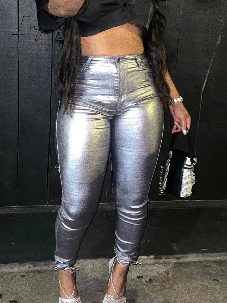 Ingvn - Streetwear metallic y2k Pants For Women High Waist  Skinny Pants Red Green Silver Club Sexy Fashion Trousers