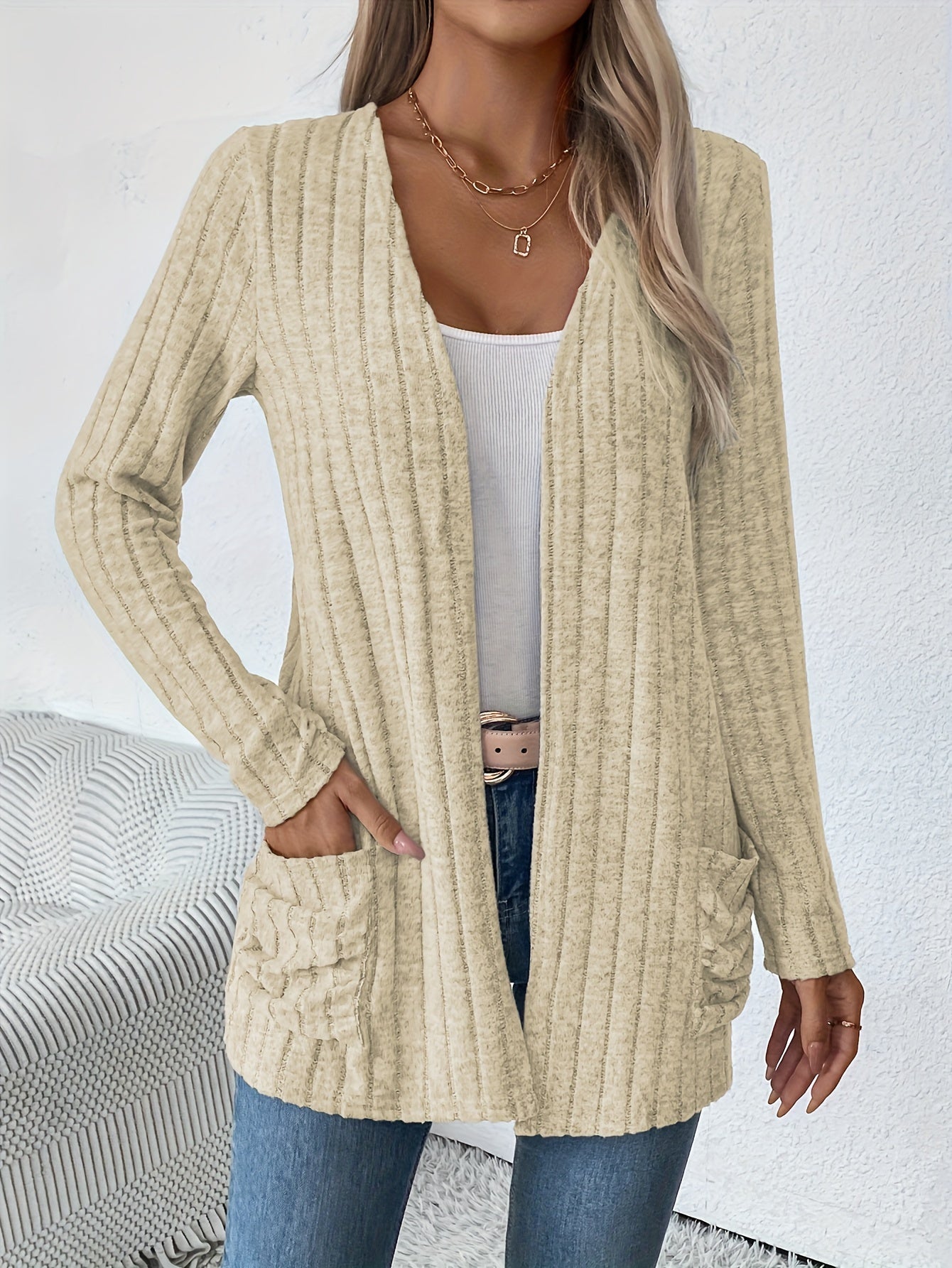 Cozy Ribbed Cardigan - Casual Jackets for Women with Dual Pockets and Long Sleeves for Spring and Fall - Soft, Open Front, and Versatile