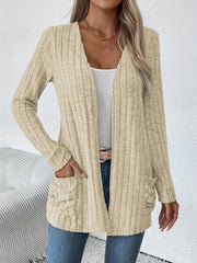 Cozy Ribbed Cardigan - Casual Jackets for Women with Dual Pockets and Long Sleeves for Spring and Fall - Soft, Open Front, and Versatile