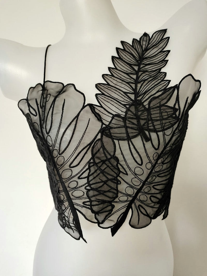 Voguable  Women Tank Top Green Transparent Outfit Camisole  Sexy Embroidered Tanks Organza Leaves Sexy Crop Top