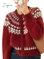 Ingvn - Women's Ugly Christmas Sweater Cardigan Sweater Jumper Ribbed Knit Patchwork Button Geometric Crew Neck Stylish Casual Christmas Daily Fall Winter Red Navy Blue One-Size