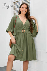 Ingvn - Plus Size Surplice Neck Half Sleeve Dress