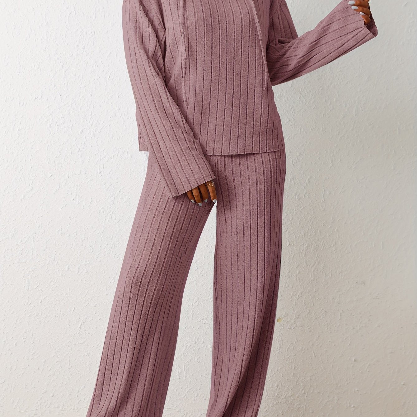 Cozy Womens Two-piece Knit Set - Soft Hoodie with Drawstring & Wide Leg Pants - Effortless Chic Casual Outfit - Comfortable Solid Color Clothing