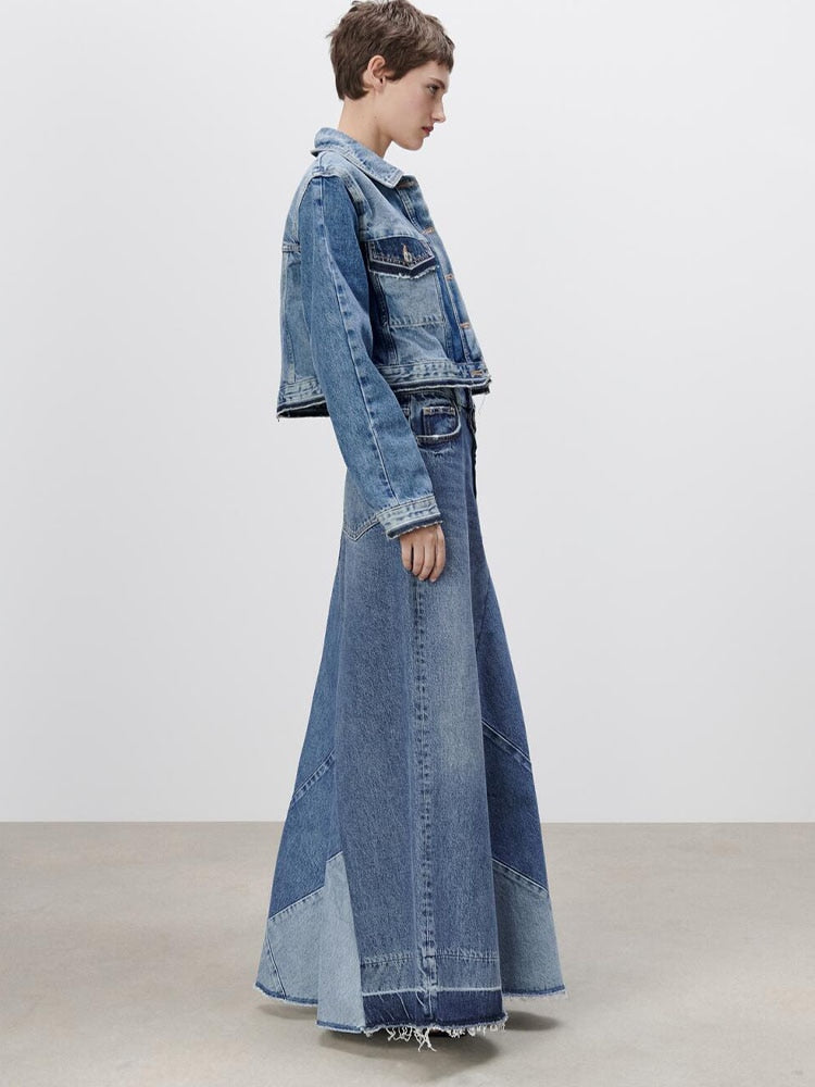 Voguable  denim skirt  spring new women's clothing Versatile fashion high waist contrast color patchwork casual denim skirt series