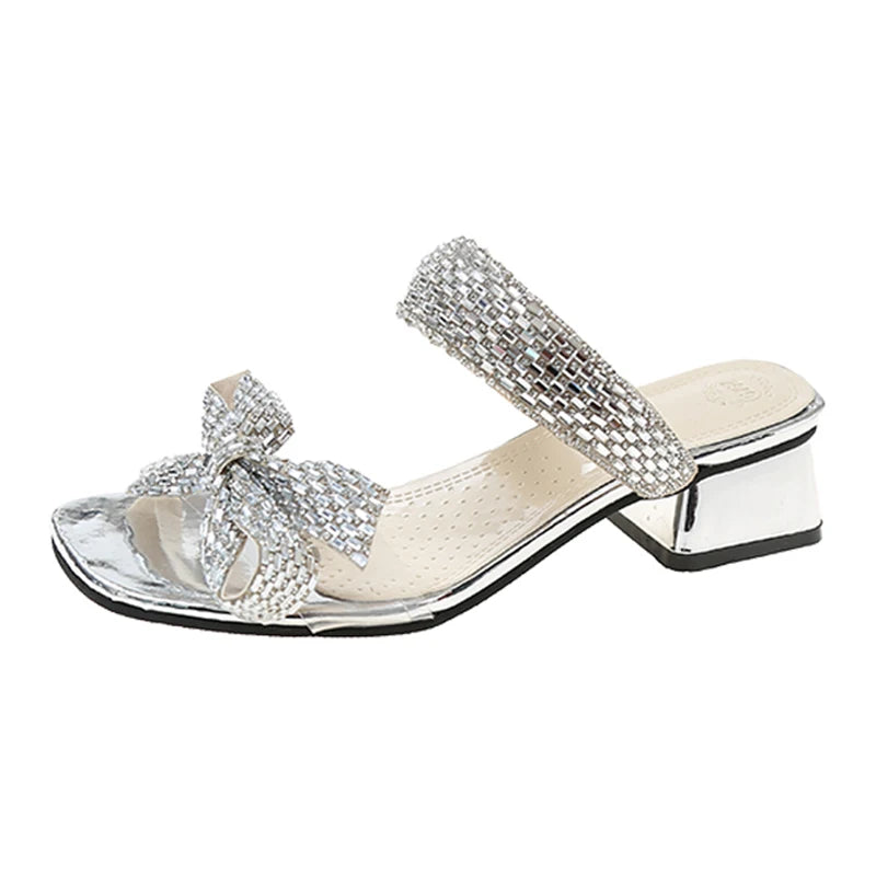 Ingvn  Shiny Crystal Bowtie High Heels Sandals for Women Summer Square Toe Thick Heeled Slippers Woman Plus Size 42 Outdoor Slides