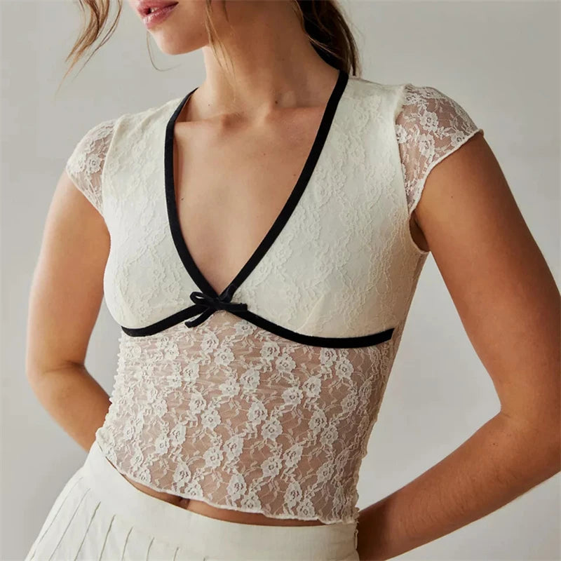 Sheer Crop Top 2000s Women Sexy See Through V Neck Sleeveless Floral Lace Tanks Slim Fit Vest y2k Aesthetic Clothing