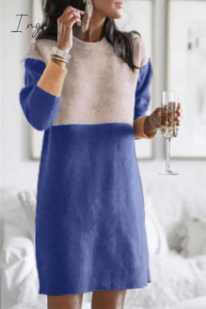 Ingvn - Loose Round Neck Paneled Mini Dress(5 Colors)